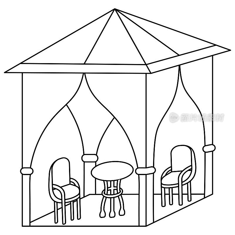露台上有两把椅子和一张涂鸦风格的早餐桌，用于户外座椅，配有窗帘。