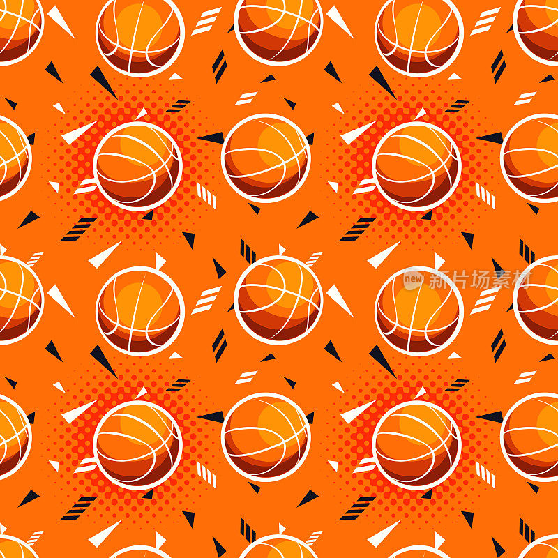 团队竞赛，运动和胜利的概念在扁平化的风格。彩色抽象背景上的篮球。无缝运动图案或装饰。