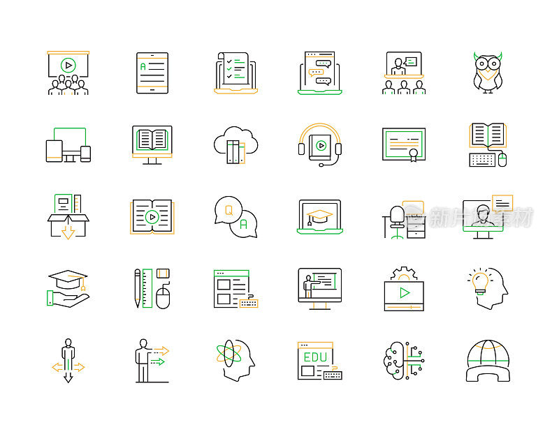 E-LEARNING相关矢量细线图标。大纲符号集合