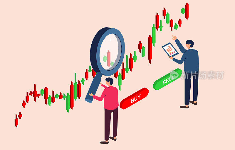 股票市场分析和统计，交易员分析趋势线或寻找买卖，外汇投资或外汇交易，商人投资者或金融分析师拿着放大镜分析股票标记