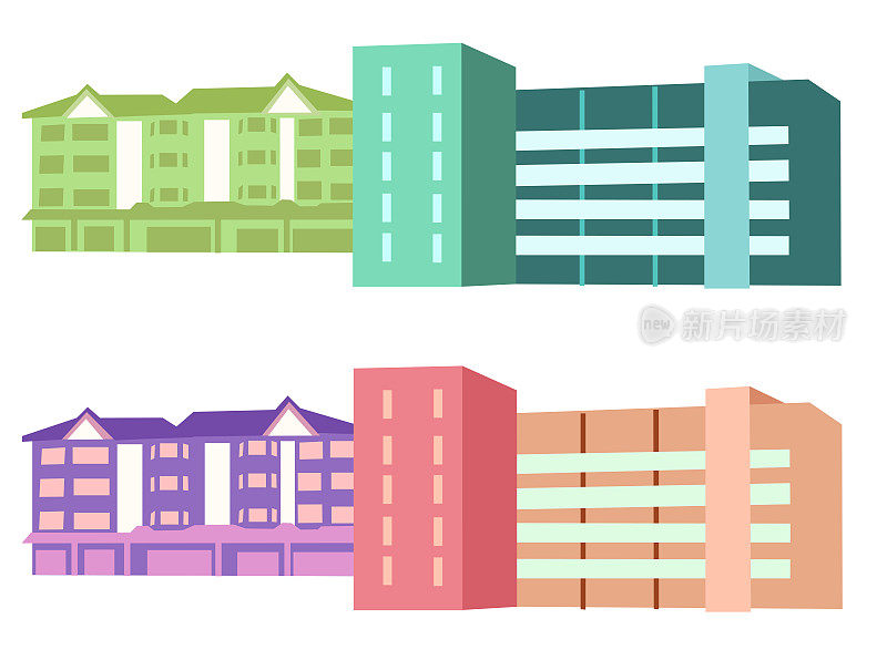 青绿色、绿色、紫色和桃红色的共管公寓和机构建筑