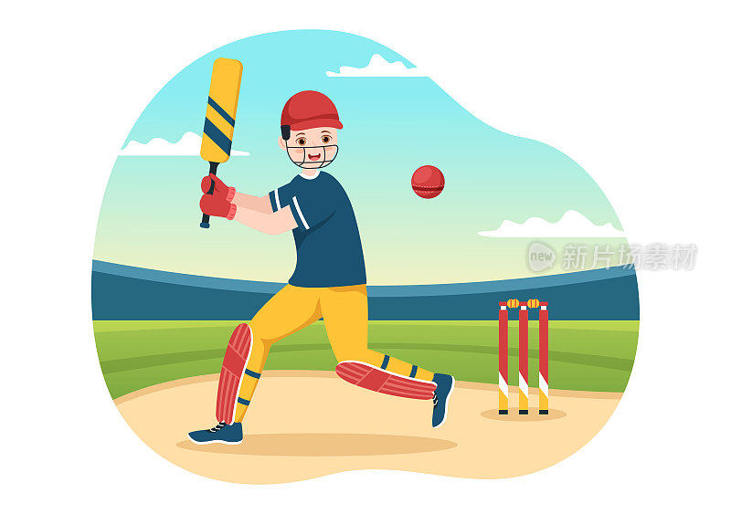 击球手玩板球运动插图与蝙蝠和球在赛场上的冠军在平面卡通手绘模板