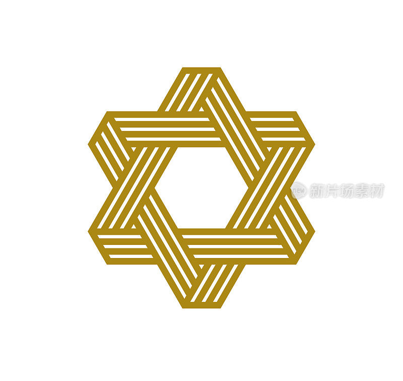 大卫星古犹太符号，以现代线性风格矢量图标孤立于白色，六角形星标志或徽章。
