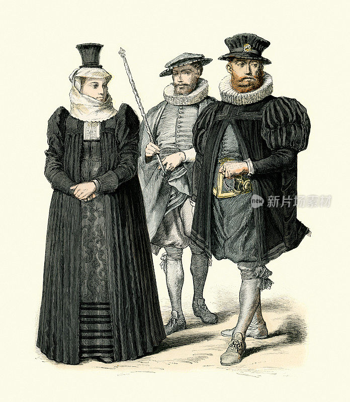 瑞士的传统服装，17世纪的时尚，瑞士妇女穿着丧服，官员，市长