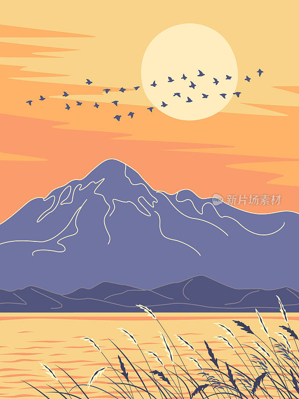 夜景，山与鸟迎着太阳飞翔