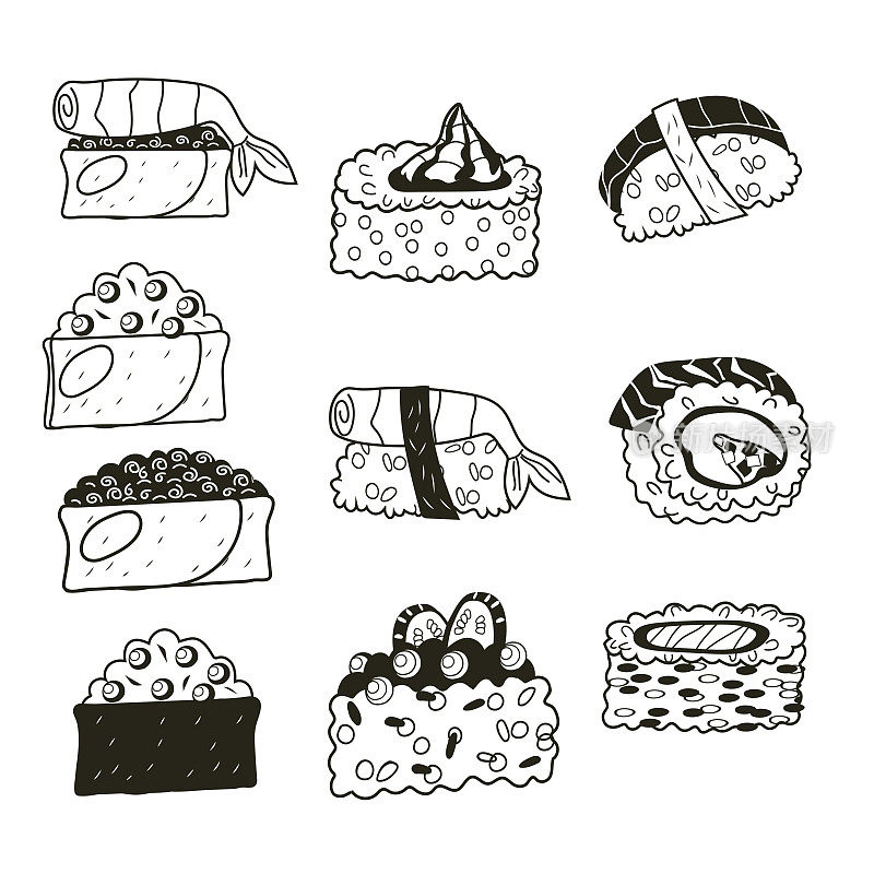 寿司日本海鲜图标或符号集合在黑白矢量隔离。