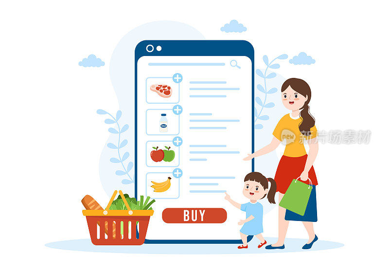 网上杂货店或超市通过App在平面卡通手绘模板插图订购日用品或食品
