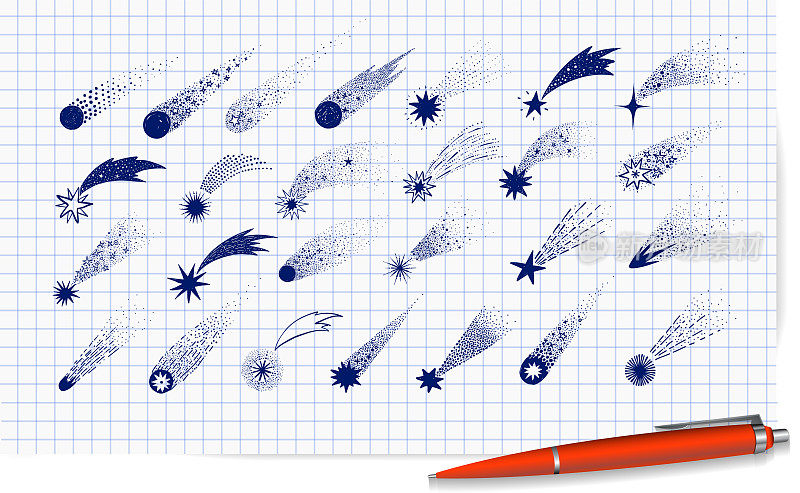 收集涂鸦彗星，陨石和流星在横格纸背景。向量草图说明