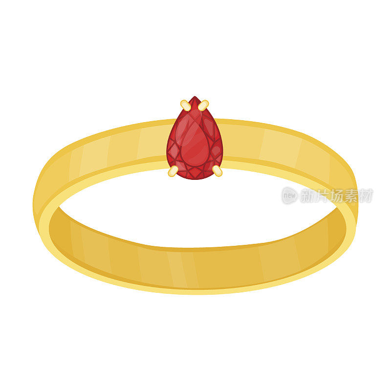 黄金戒指与红色红宝石珠宝矢量插图。金、银、珍珠首饰。石头或钻石戒指，耳环，吊坠，手镯