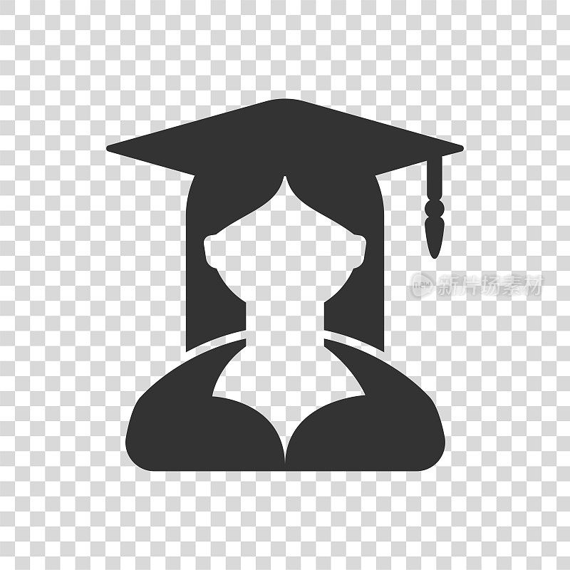 女学生图标与毕业帽上透明的背景。