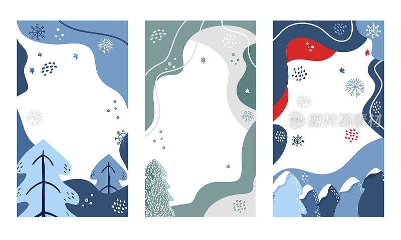 冬季抽象的社交媒体故事模板。背景与树，刺，松树，冷杉，雪，雪花和抽象的形状