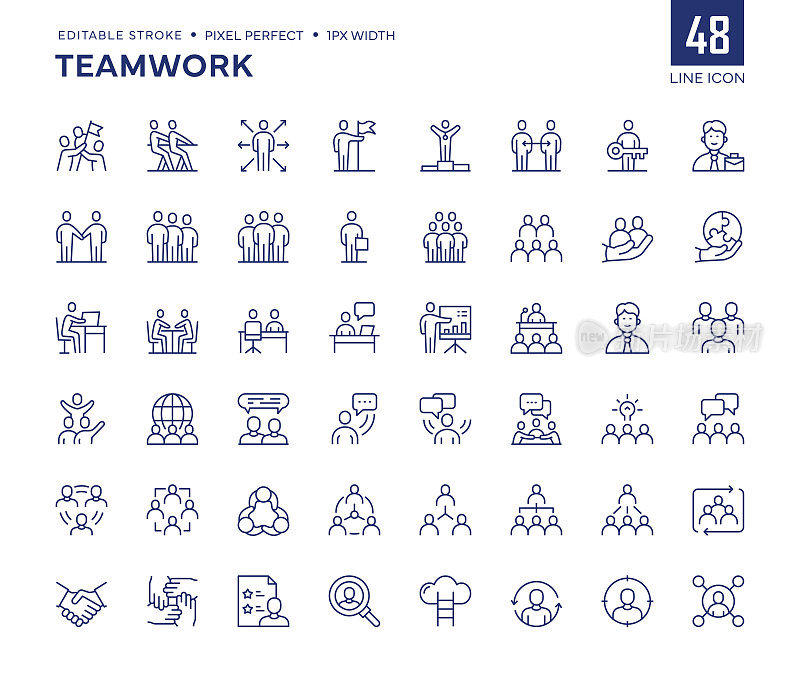 团队线图标集包含合作、领导、同事、业务团队等图标。
