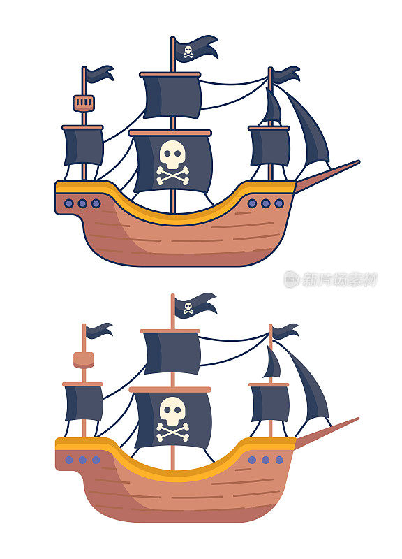 卡通海盗船。平面设计。