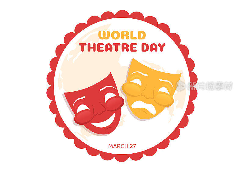 3月27日世界戏剧日的面具插图和庆祝戏剧的网络横幅或登陆页在平面卡通手绘模板