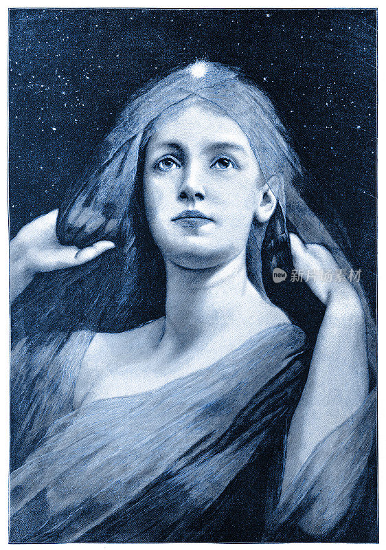 1899年夜晚仰望星空的美丽女子