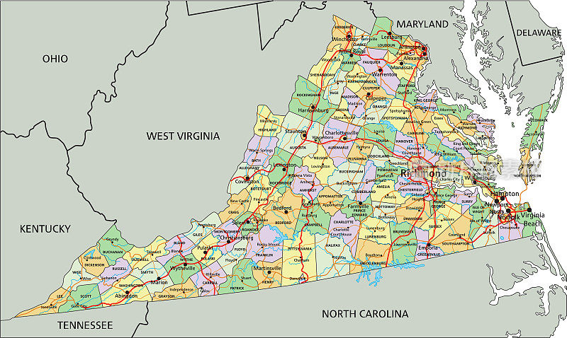 弗吉尼亚州-高度详细的可编辑的政治地图与标签。