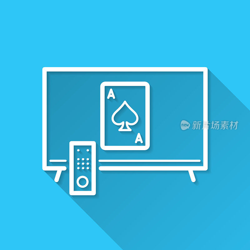 电视机和扑克牌。图标在蓝色背景-平面设计与长阴影