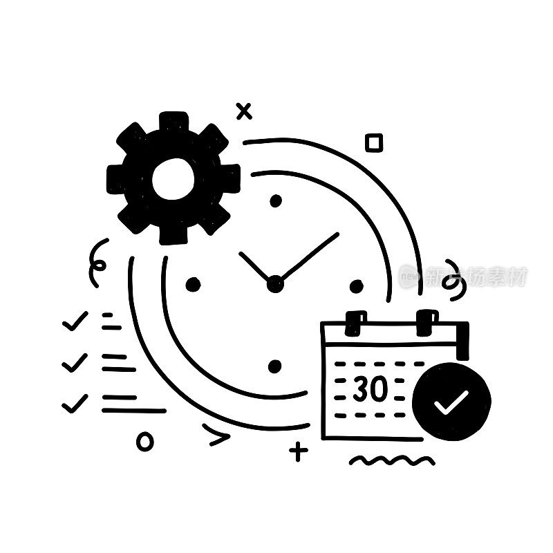 时间管理相关矢量概念插图。时间表，截止日期，组织，时钟，日历。