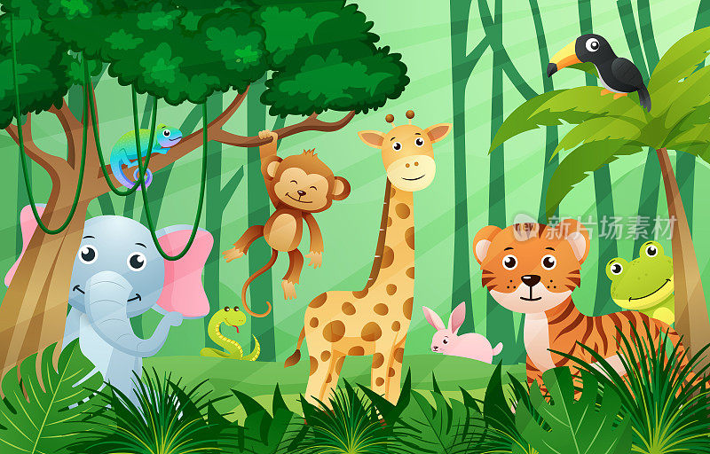 野生动物在丛林场景。孩子们的风格。向量。