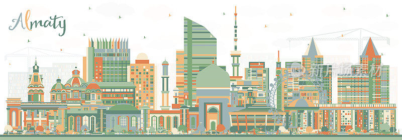 哈萨克斯坦阿拉木图城市天际线与彩色建筑。矢量插图。阿拉木图城市景观与地标。