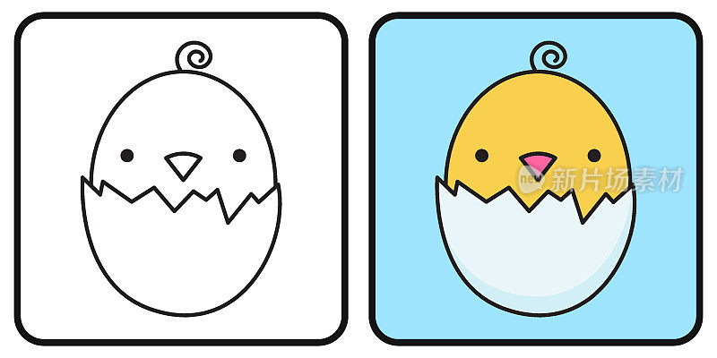 儿童涂色书。着色页面。一只小鸡从蛋壳里探出头来。一只刚出生的小鸡。矢量图