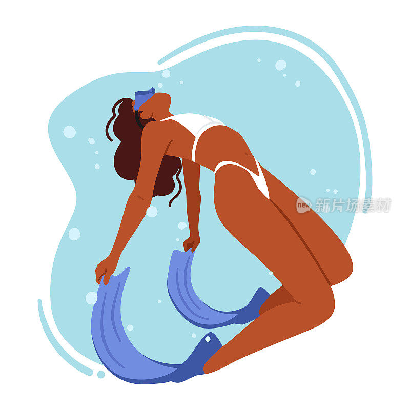 穿比基尼跳水的女子。游泳女角色在水中以有力的划水推进，弓背