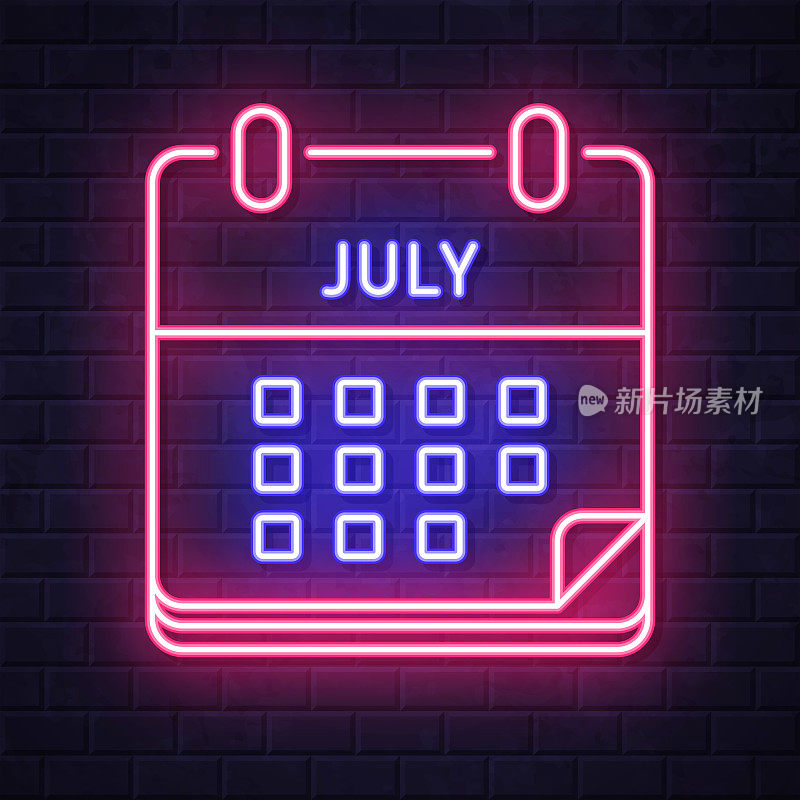 7月日历。在砖墙背景上发光的霓虹灯图标