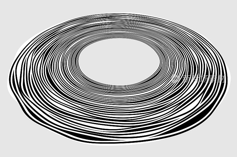 灰色上不均匀黑白同心圆透视;每个条纹都有自己的形状。