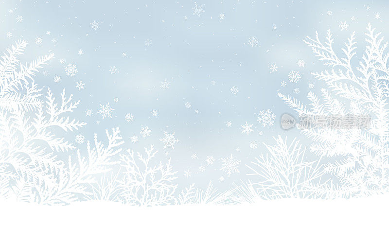 寒假背景与飘落的雪和雪覆盖的树