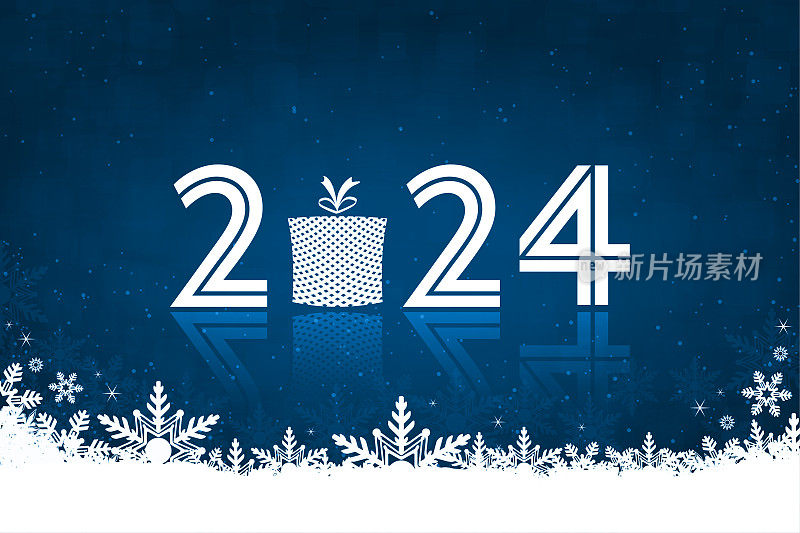 白色文字2024,0柳条篮礼品盒，在黑暗的午夜海军蓝水平闪耀闪闪的涂抹矢量新年快乐庆祝背景贺卡，海报和横幅与雪花和雪边界在底部