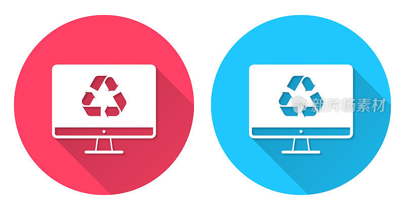 桌面电脑与回收符号。圆形图标与长阴影在红色或蓝色的背景