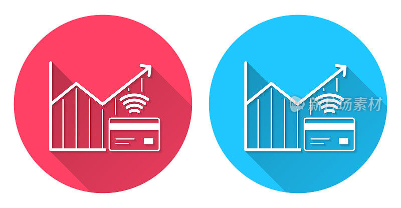 非接触式支付增加图表。圆形图标与长阴影在红色或蓝色的背景