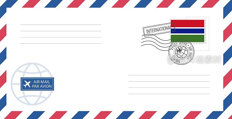 空白航空信封，贴上冈比亚邮票。明信片矢量插图与冈比亚国旗隔离在白色背景上。