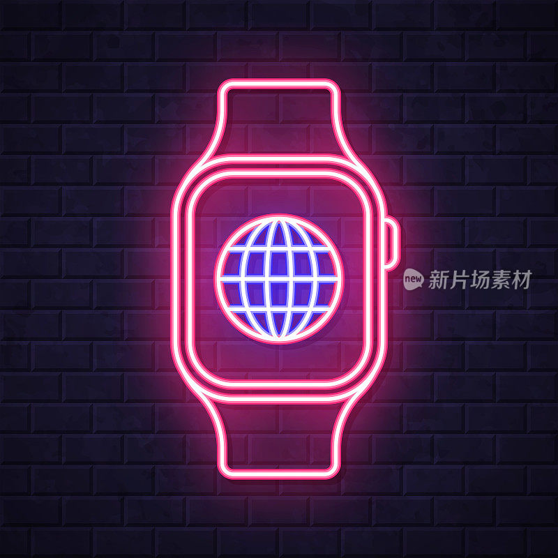带地球仪的智能手表。在砖墙背景上发光的霓虹灯图标
