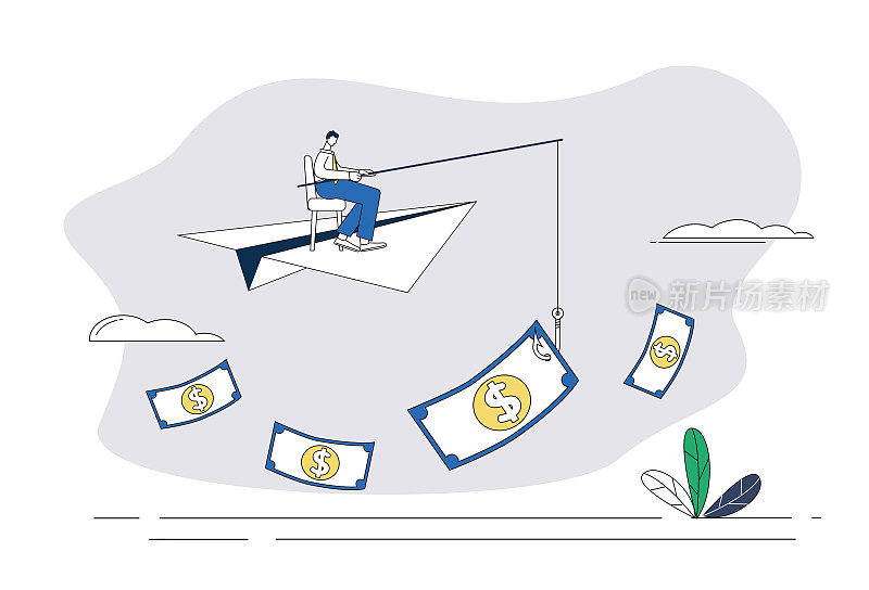 一个白领坐在纸飞机上，用钓竿钓美元。