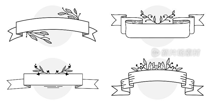 一套手绘的复古丝带横幅