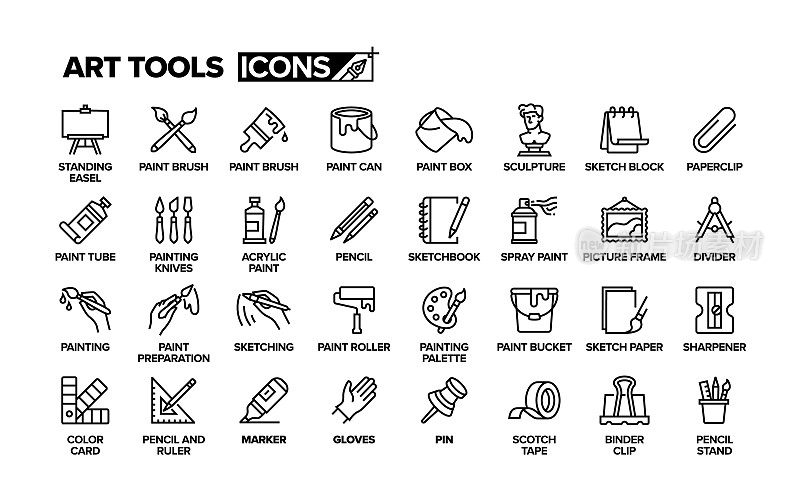 艺术工具线图标集