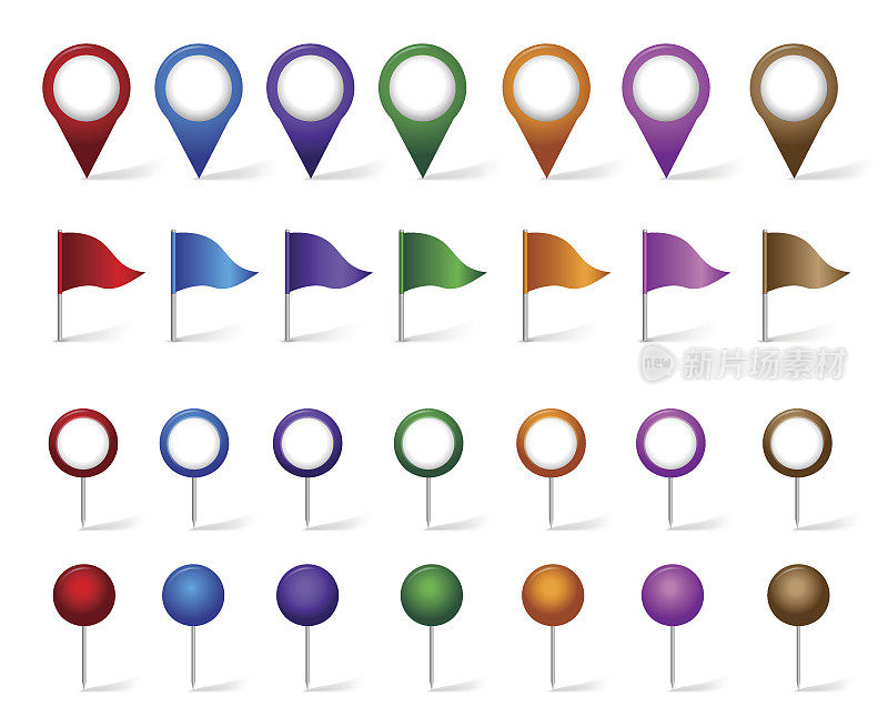 丰富多彩的pin图标在许多不同的风格