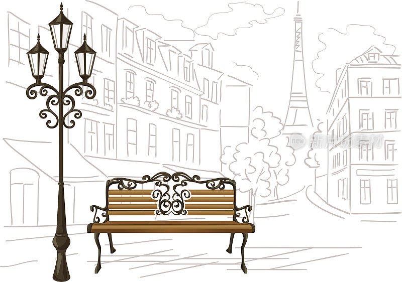 巴黎的素描，一张长凳和一盏灯