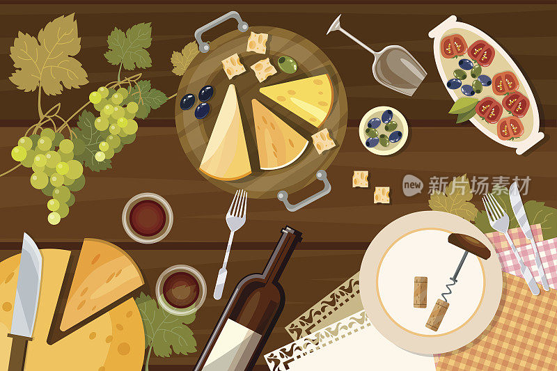 葡萄酒和奶酪品尝俯视图，酒瓶和葡萄