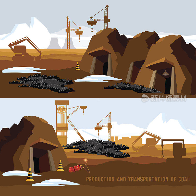 煤矿旗帜，煤炭开采过程