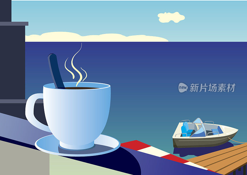 在大海和帆船的背景下喝一杯清晨咖啡