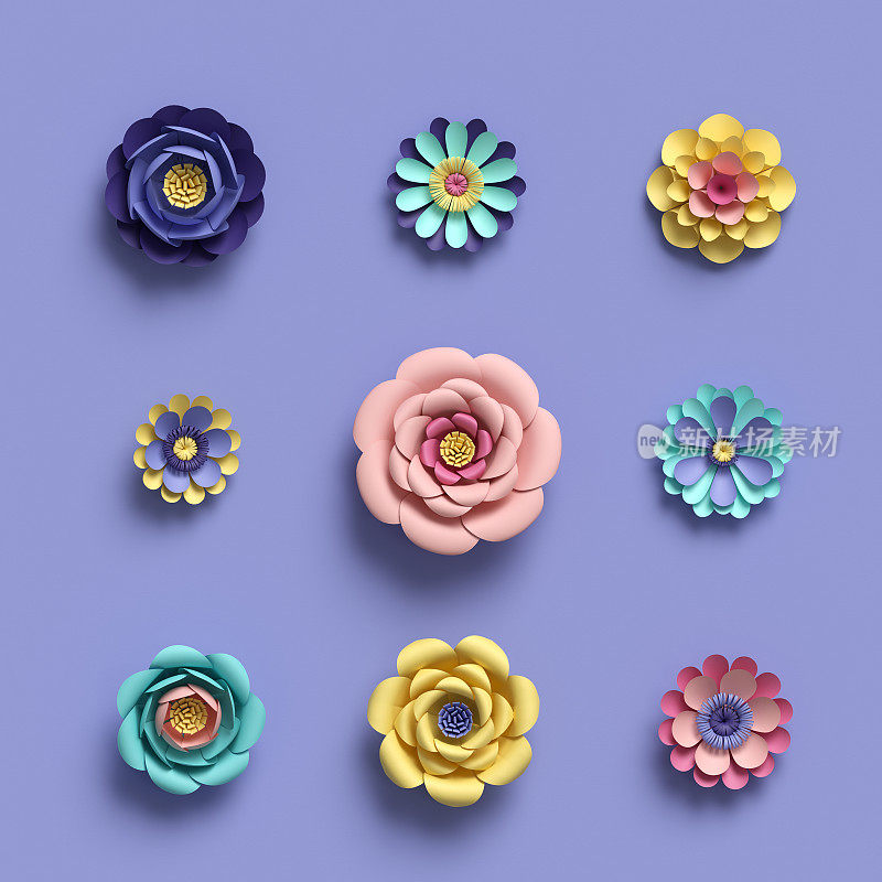 3d渲染，抽象的纸工艺花卉孤立元素，植物背景，纸花集，糖果粉彩，明亮的色调调色板