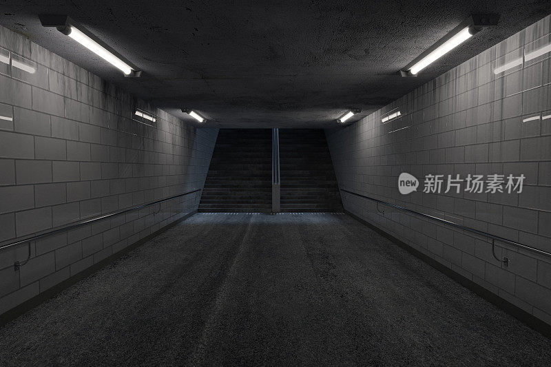 黑暗的地下通道的3d渲染与灯光和楼梯在夜晚结束