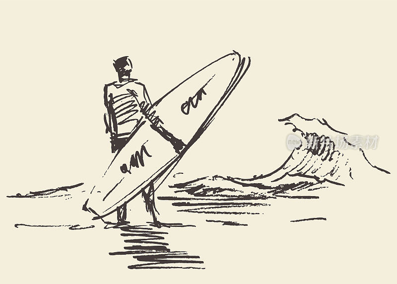 绘图人坐在海滩冲浪板矢量草图