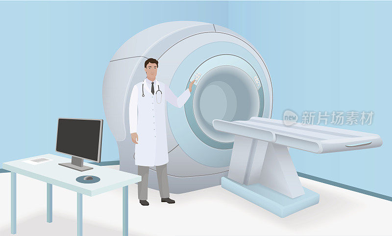 医生邀请患者进行MRI全身脑部扫描。在手术室内进行MRI扫描和诊断。现实的向量