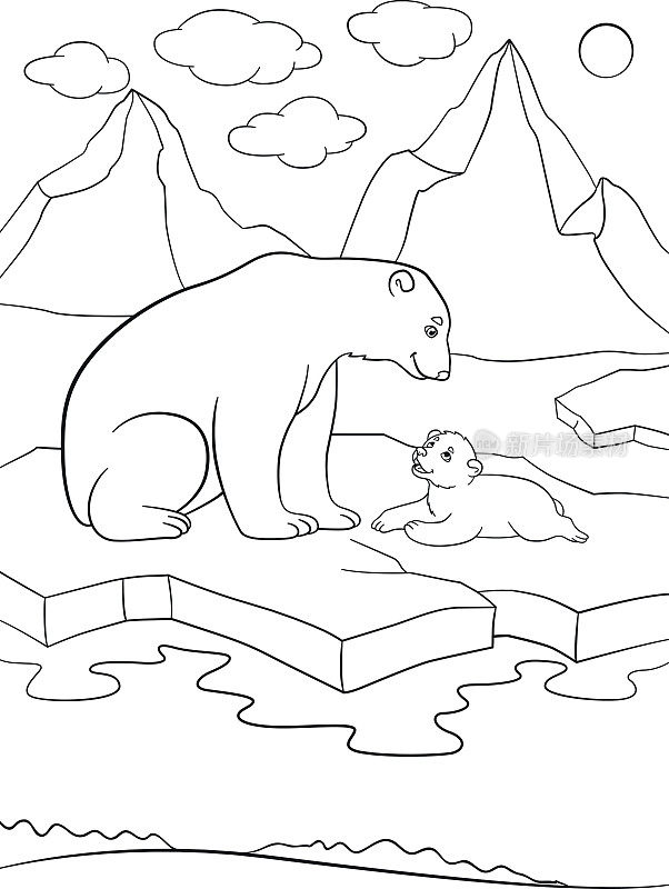 着色页面。北极熊妈妈和她可爱的宝宝。