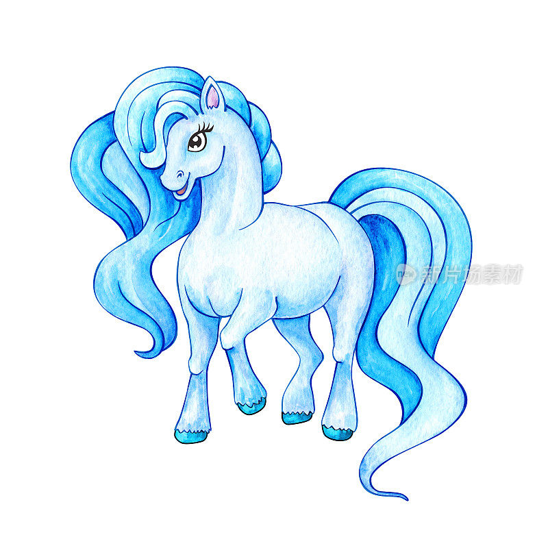 有趣的azure的小马。小马水彩画插图