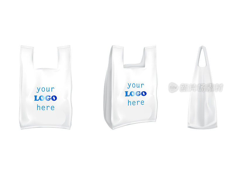 塑料t恤购物袋矢量隔离3D现实白色空白包装与处理模板品牌