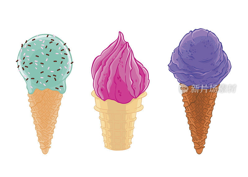 卡通素描集三个冰淇淋甜筒釉，砂砾和华夫饼。
